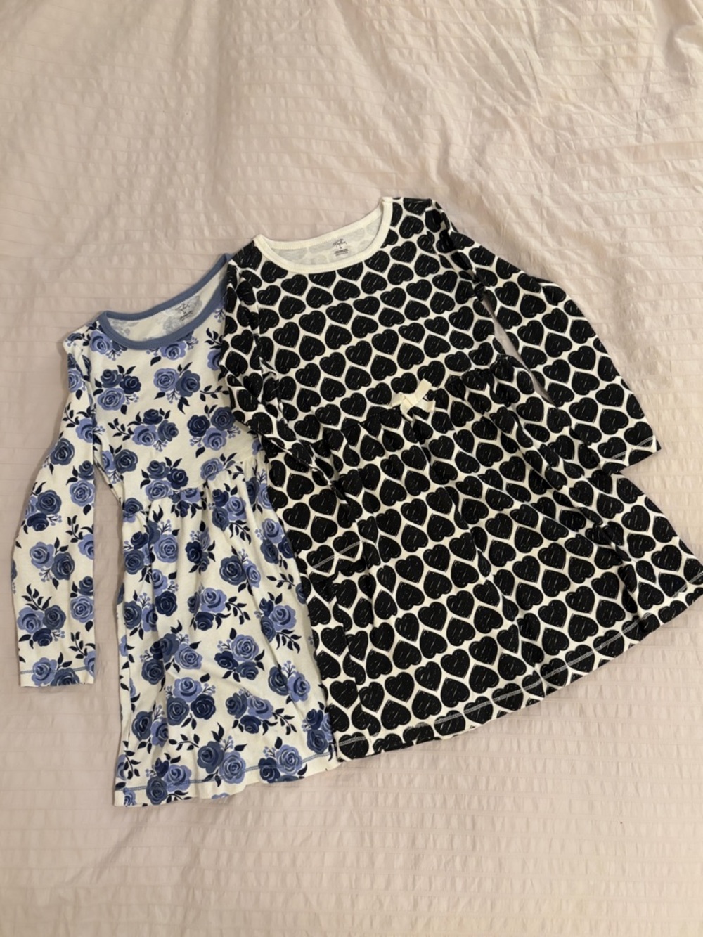 Girls Organic Cotton Long Sleeve Heart & Floral Dress Set in Black, White & Blue